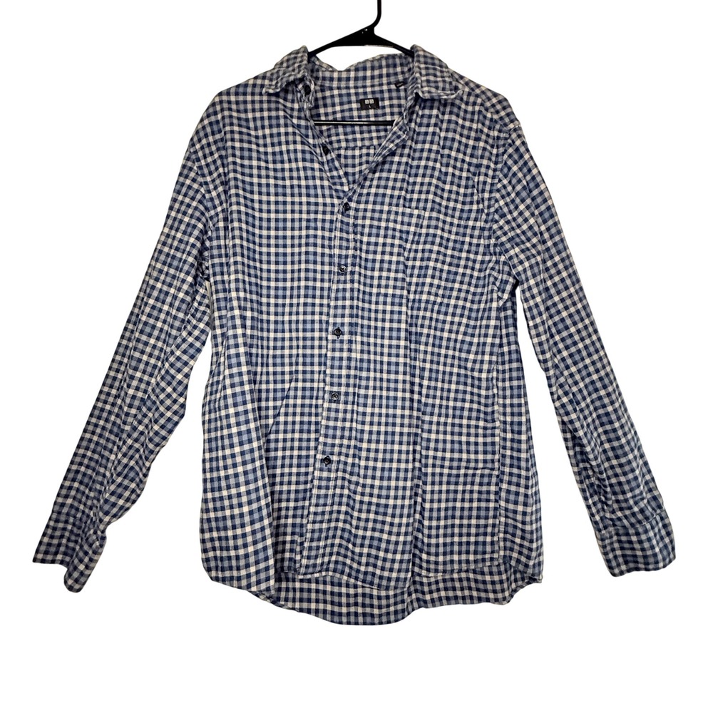 Uniqlo Mens Unisex Large Blue Gingham Check Cotton Button Down Long Sleeve Shirt